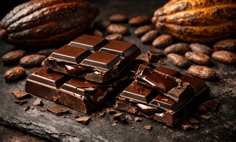 Professional hero image: rich dark chocolate bar broken into pieces revealing glossy interior, scattered cocoa beans and