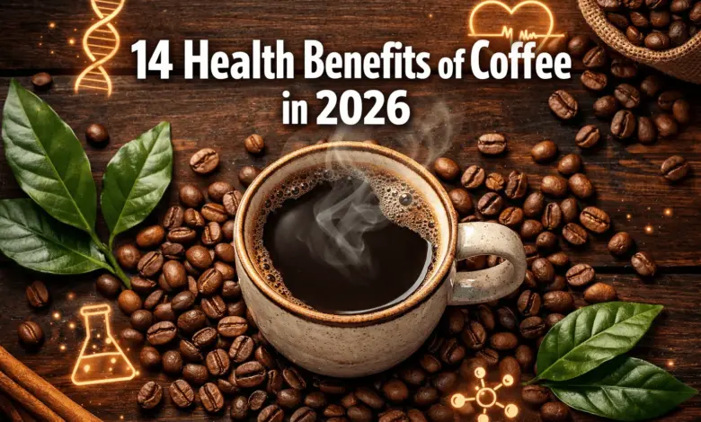 14 Health Benefits of Coffee in 2026' in extra large white with dark drop , centered in