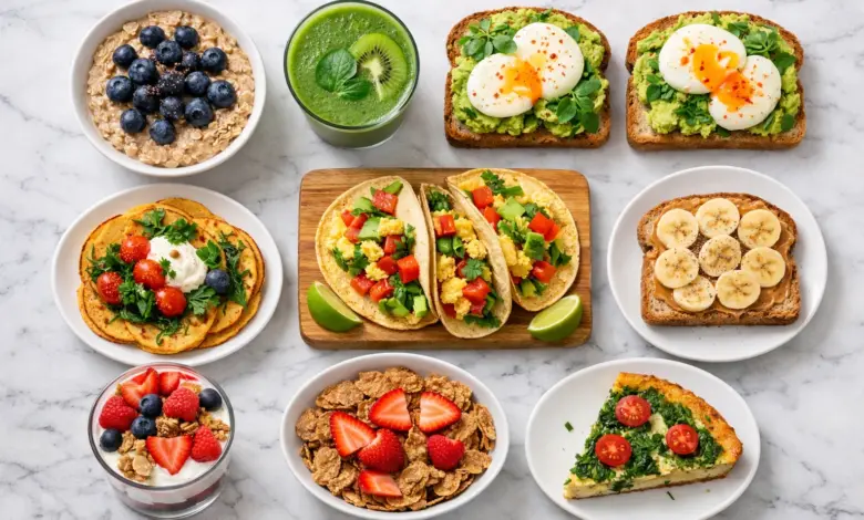 photo of 9 colorful healthy weight-loss meals arranged on a white marble surface: oatmeal