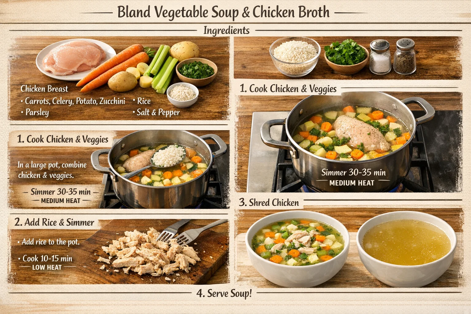 Step-by-step visual recipe card for simple chicken rice soup and vegetable soup
