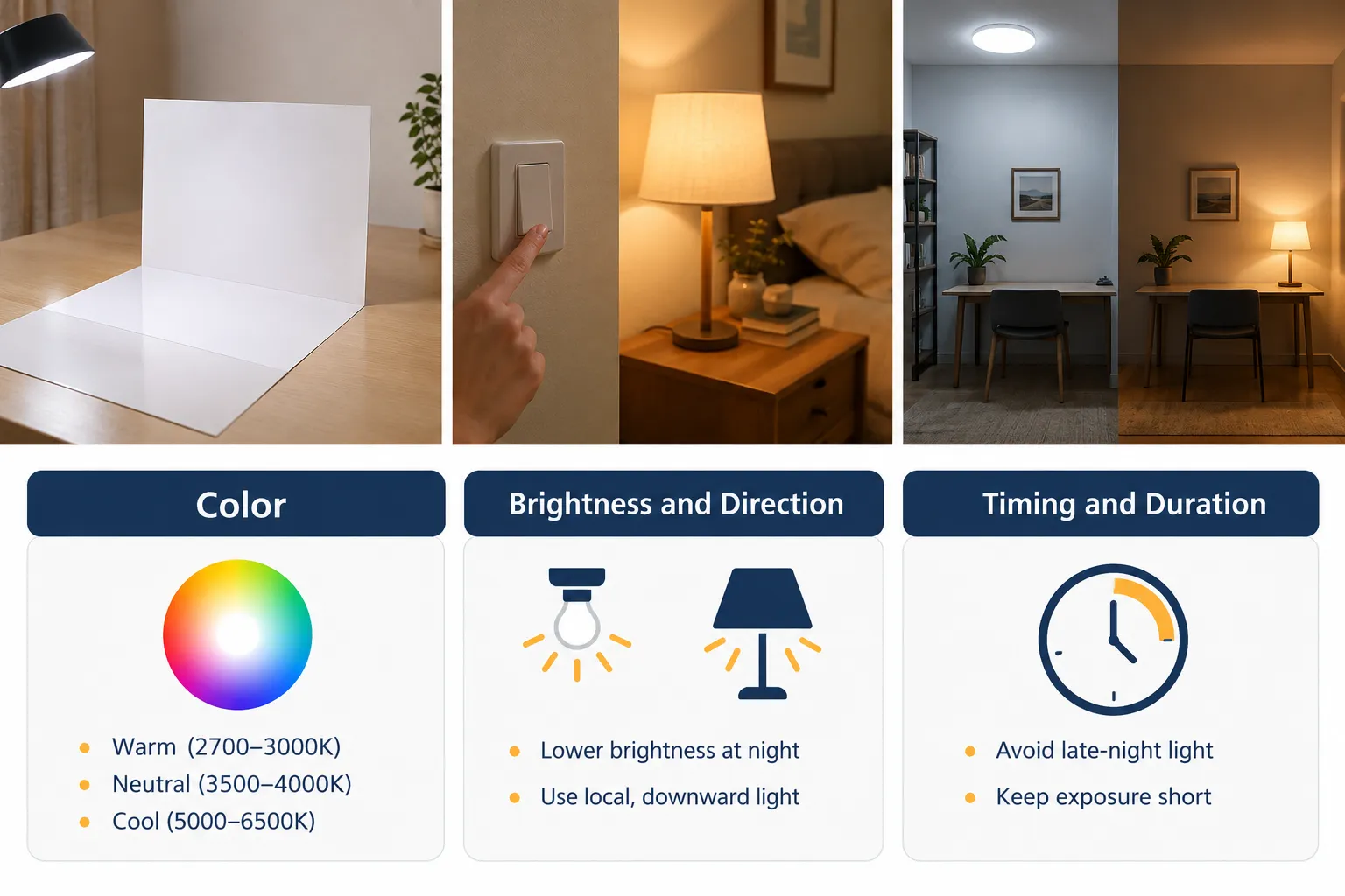 Evening light hygiene variables: colour, brightness, and timing